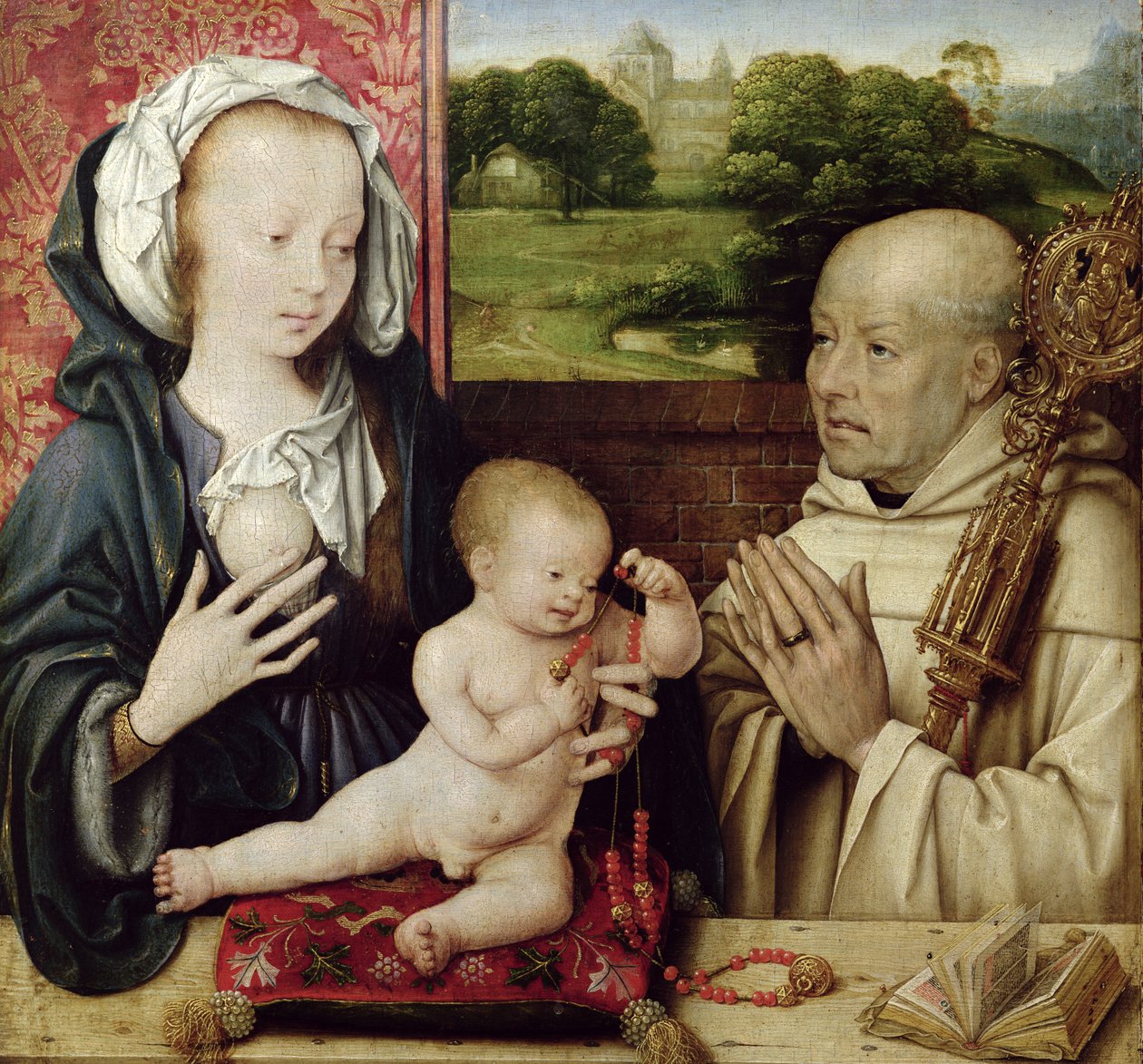 A Virgem e a criança adorada pelo óleo de St.Bernard no detalhe do painel de 15955 de Joos van Cleve