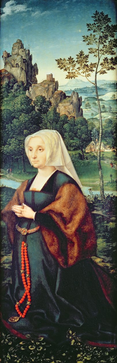 Esposa de um doador ajoelhada junto a um rio (par de 155176) de Joos van Cleve