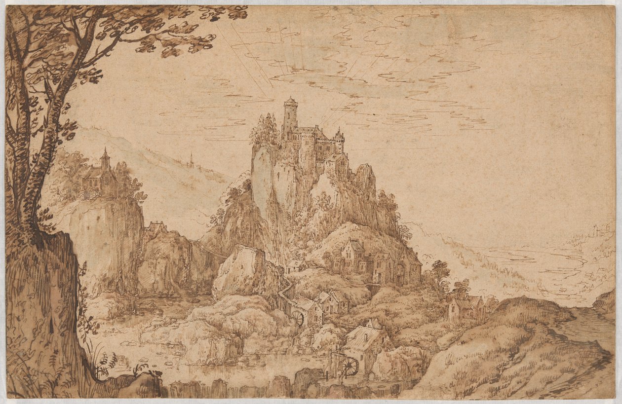 Um castelo sobre um penhasco numa paisagem montanhosa de Joos de Momper II