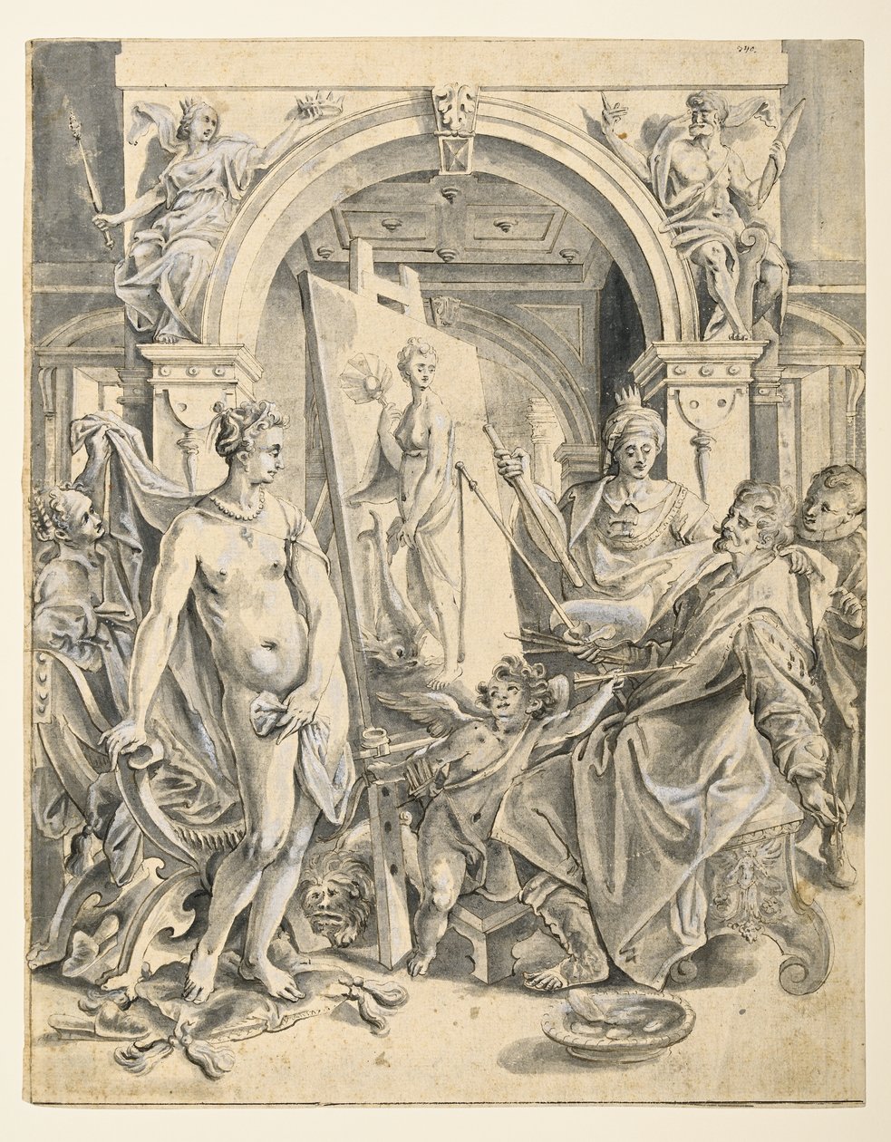 Apeles pintando Campaspe (caneta e tinta marrom, lavagem cinza, cor branca sobre papel avergoado) de Joos or Jodocus van (after) Winghe