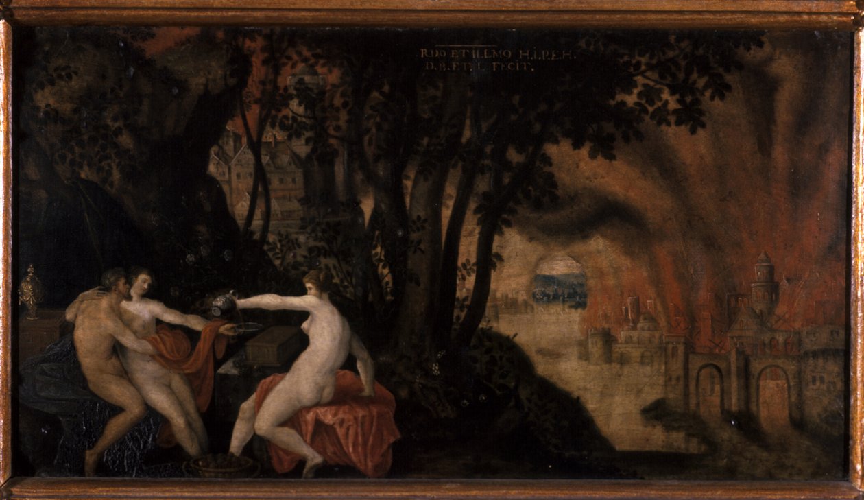 Lot e suas filhas sob rosas e loureiros de Joos or Jodocus van Winghe