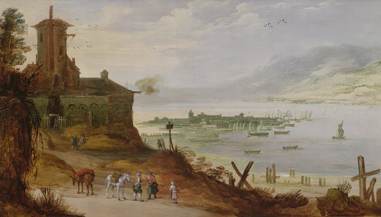 Cidade de encosta com vista para um porto de Joos or Josse de Momper