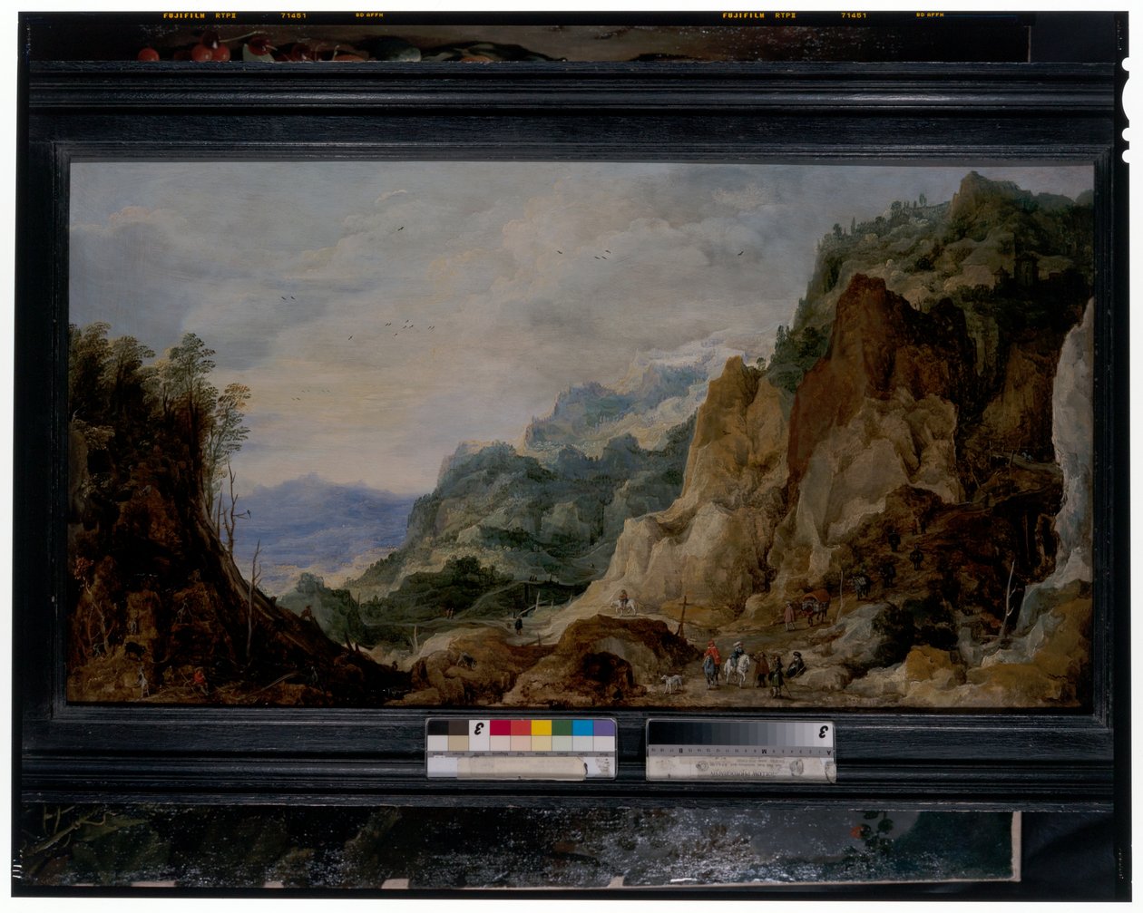 Uma paisagem montanhosa panorâmica com jornaleiros a dar aos pobres, cavalos de carga para lá de Joos or Josse de The Younger Momper