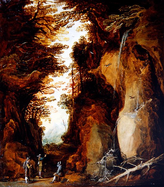Uma Paisagem Alpina com Viajantes (óleo sobre painel) de Joos or Josse de The Younger Momper