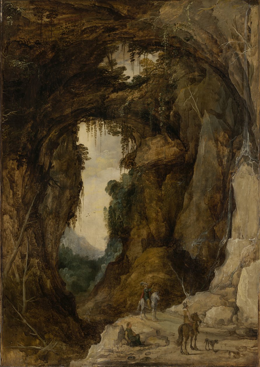 Paisagem com Gruta e um Cavaleiro, c.1616 (óleo sobre painel) de Joos or Josse de The Younger Momper