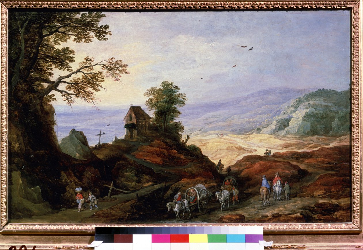 Paisagem com uma Capela num Monte. Camponeses em charruas a caminhar ao longo dos caminhos. Pintura de Joos de Momper the Younger (1564-1635), ca. 1608-1610. Arte flamenga. Óleo sobre madeira. Museu de Belas Artes Pushki de Joos or Josse de The Younger Momper