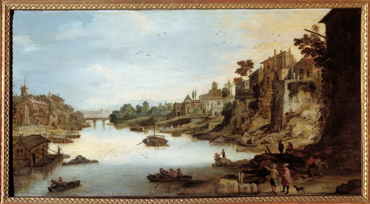 Vista do Tibre (Tevere) em Roma Uma casa sobre palafitas à esquerda. Pintura de Josse Momper II (1564-1635) de Joos or Josse de The Younger Momper