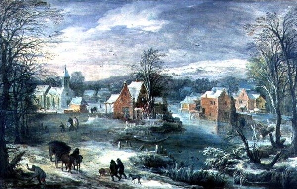 Paisagem da aldeia no Inverno (painel) de Joos or Josse de The Younger Momper