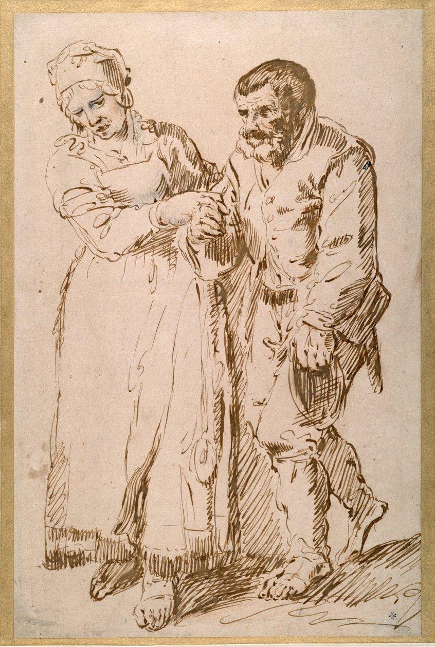 Os passos de um camponês idoso guiado pela sua esposa (caneta e tinta com giz sobre papel) de Joos van (attr. to) Craesbeeck