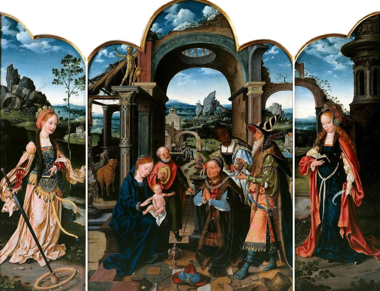 Holandês: Santa Catarina (à esquerda); A Adoração dos Magos (ao centro); Santa Bárbara (à direita) Adoração dos Magos com Sigismundo I da Polónia de Joos van Cleve
