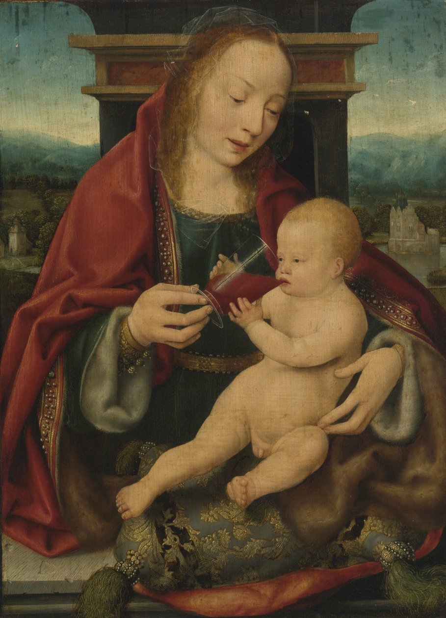 Neerlandês: Maria met wijndrinkend kind Virgem e criança / Virgem e criança que bebe vinho de Joos van Cleve