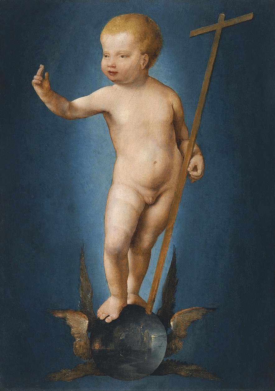 Alemão: Christuskind auf einer Weltkugel O Menino Cristo no globo do mundo de Joos van Cleve