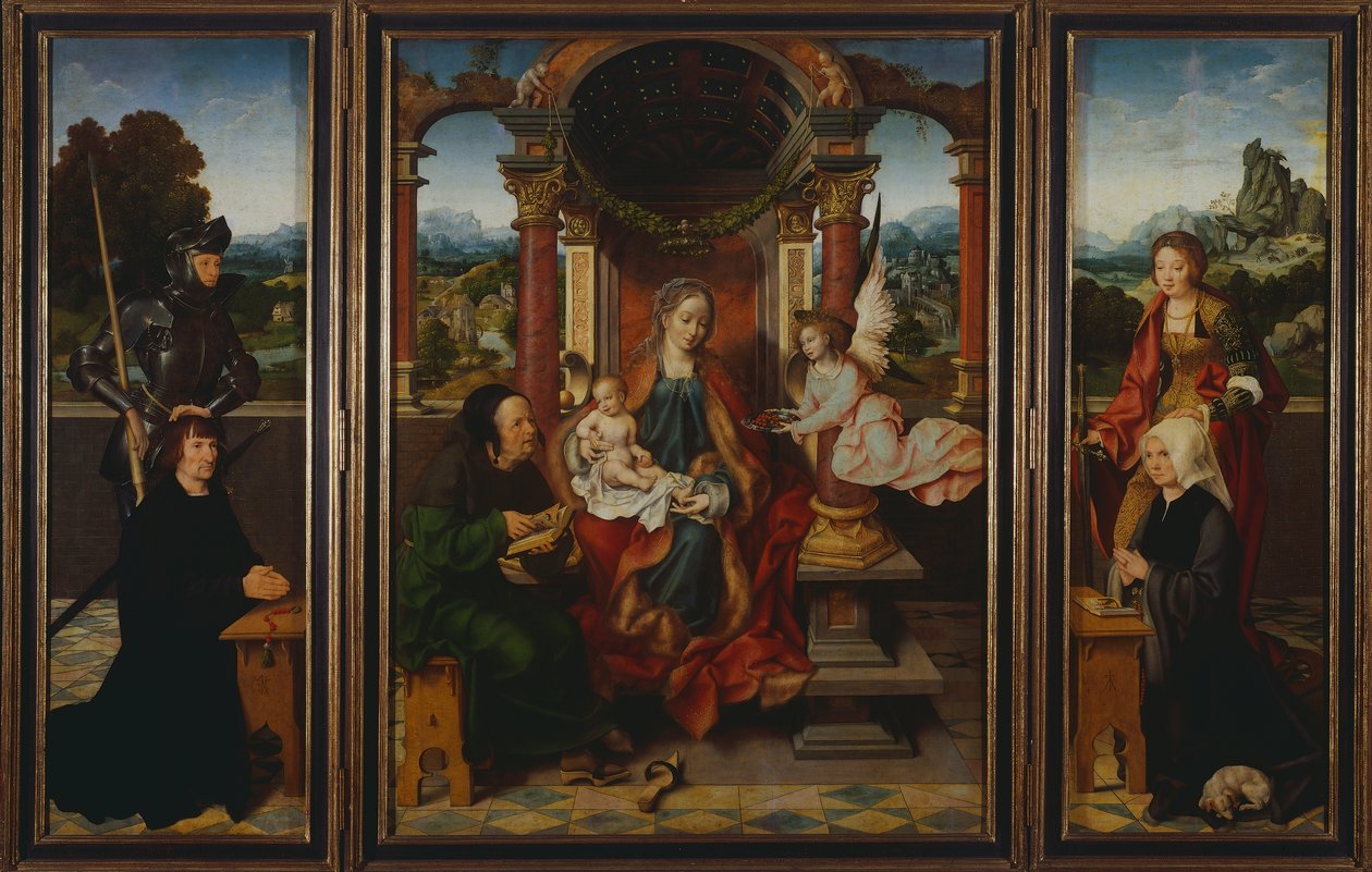 A Sagrada Família, ca. 1530, de Joos Van Cleve (1485-1540), tríptico. Bélgica de Joos van Cleve