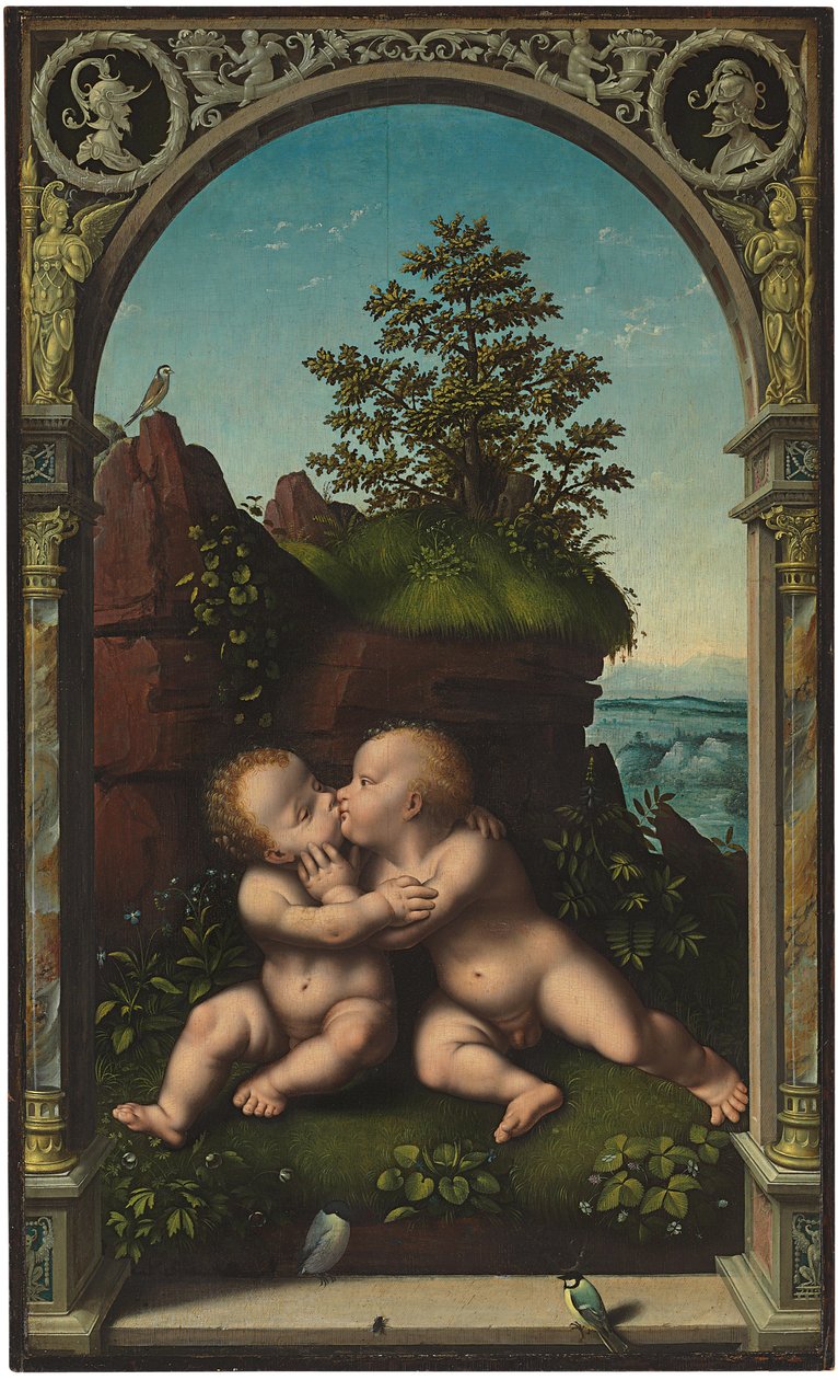O Cristo Infantil e São João Batista como crianças se abraçando em uma paisagem, cercada por um arco clássico de Joos van Cleve