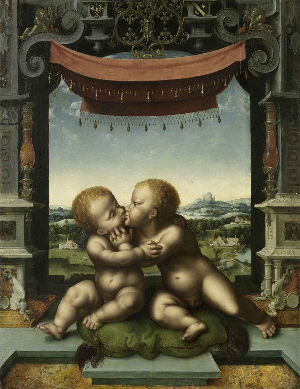 Os bebês Cristo e São João Batista abraçando, 1520-25 de Joos van Cleve