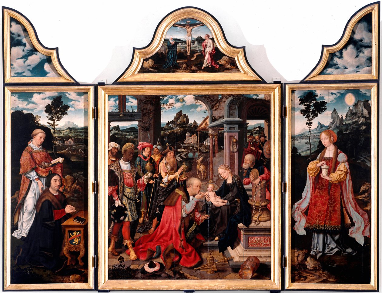 Tryptic da Adoração dos Magos. Pintura sobre madeira por Joos Van Cleve o jovem (1485-1540) 1515 Dim. 260x200 cm Genes, Igreja de San Donato de Joos van Cleve