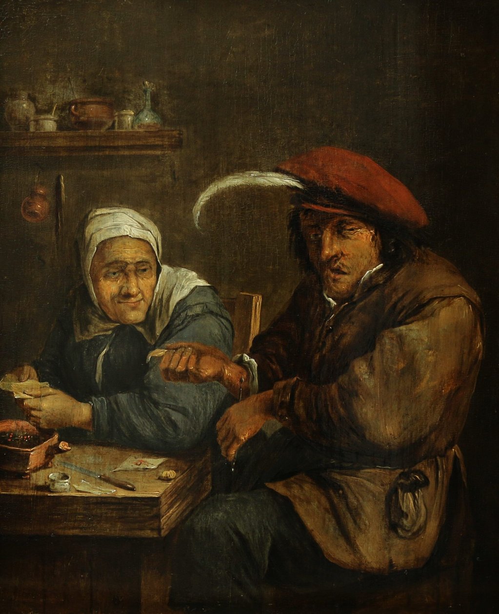 Interior com uma mulher idosa e um homem a deitar sangue (Alegoria do sentido do tato) de Joos van Craesbeeck