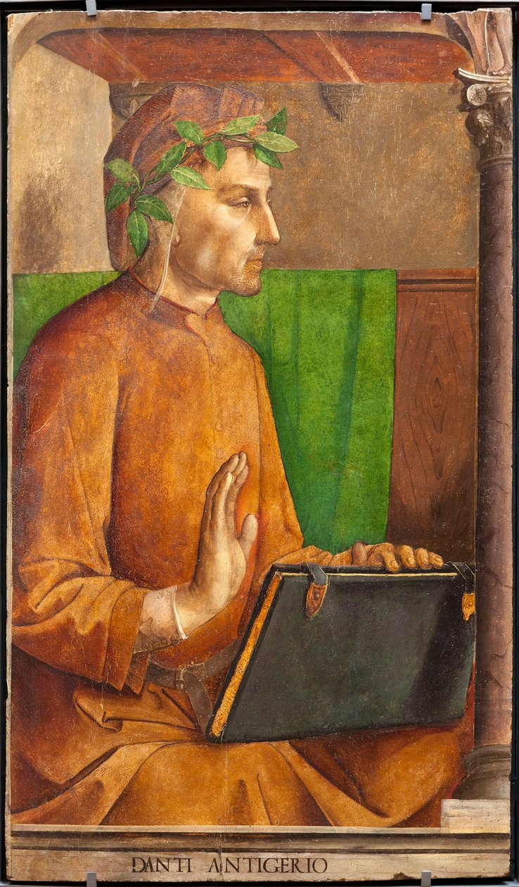 Efígie de Dante Alighieri (1265-1321), poeta, escritor italiano, autor da Divina Comédia, morada de um liripião - Pintura de Juste de Gand (Joos van Wassenhove) (cerca de 1435-around 1475) e Pedro Berruguete (cerca de 1450- antes de 1504), parte de um conj de Joos van Gent (fl.1460 75)