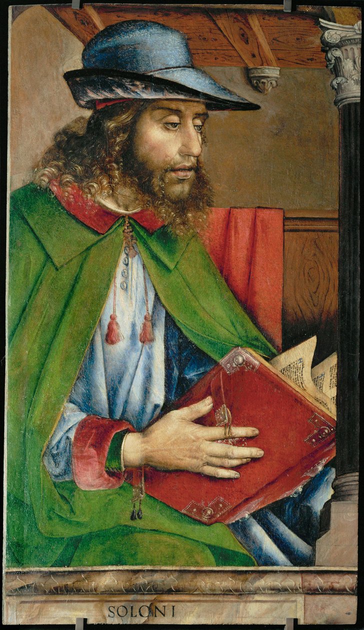 Sólon, legislador de Atenas De uma série de 28 retratos, pintados por volta de 1475 para o studiolo de Federigo de Montefeltre ... de Joos van Gent (fl.1460 75)