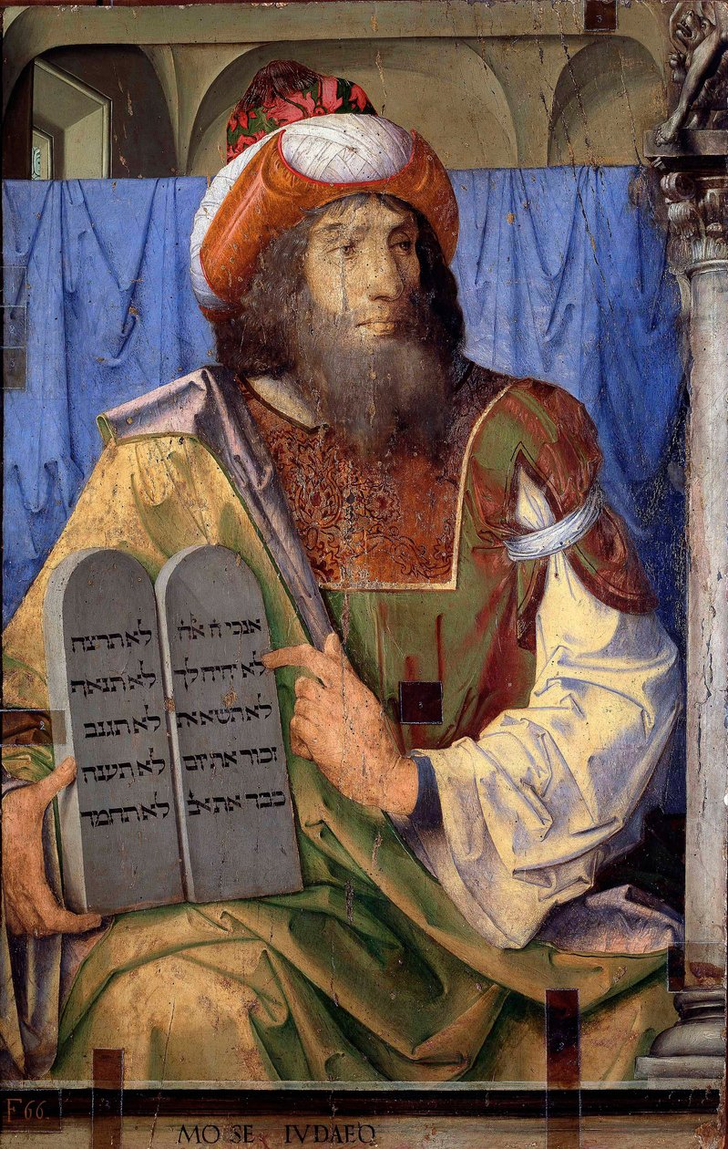 Retratos de homens ilustres: Moisés e as tábuas da lei. Pintura de Joos van Wassenhove (ou Justus van Gent também conhecido como Josse ou Jodocus de Ghent, ou Giusto di Ghent ou Juste de Ghent, ativo entre 1460-1475). Pintura em madeira. Dimensões: 74 x 11 de Joos van Gent (fl.1460 75)
