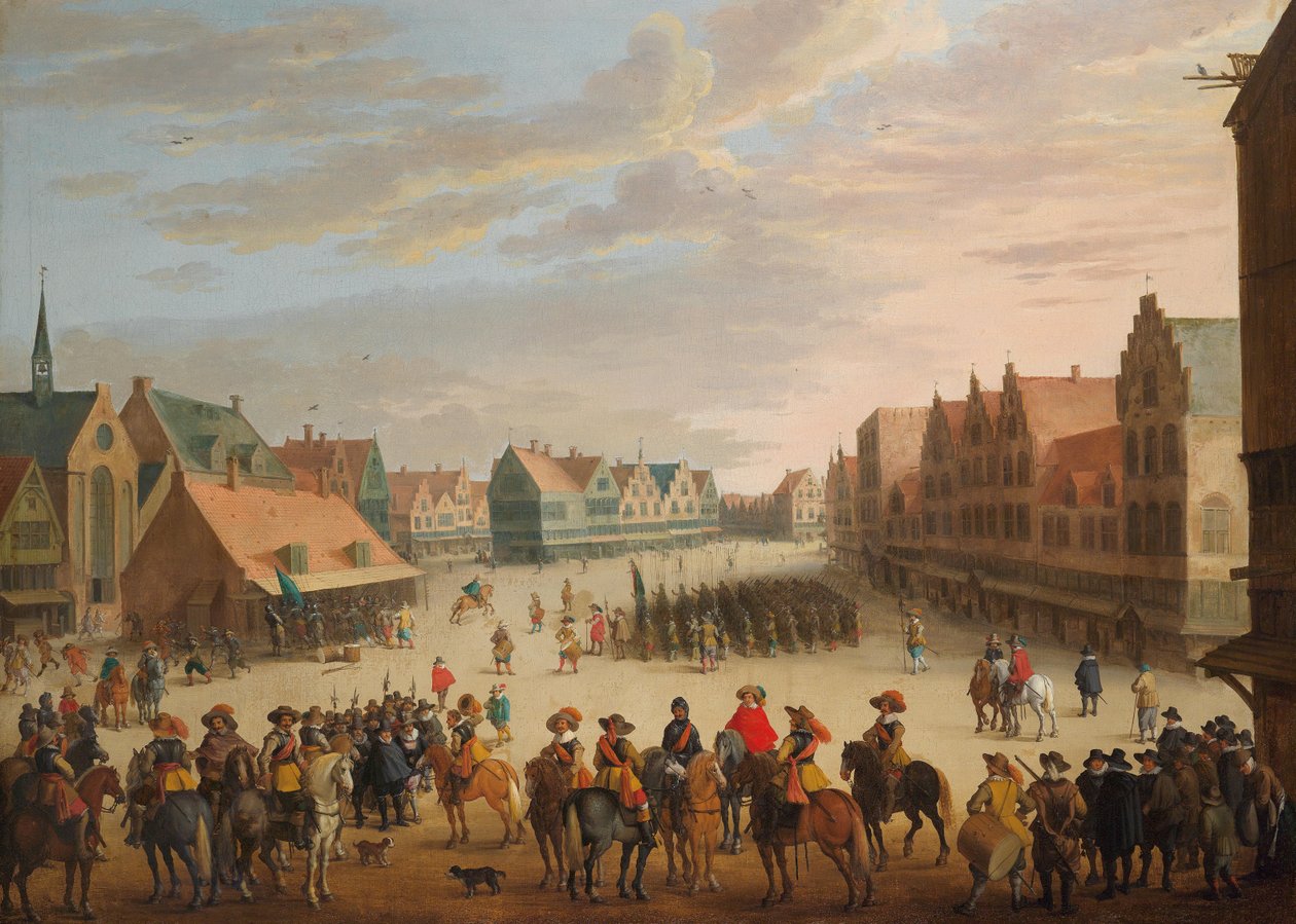 Príncipe Maurício de Orange demitindo os mercenários na Praça Neude em Utrecht em 31 de julho de 1618 de Joost Cornelisz. Droochsloot