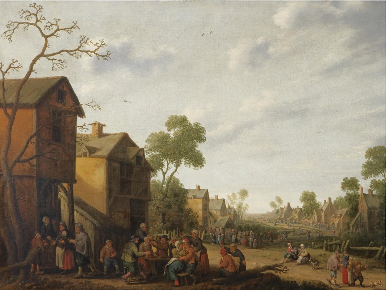 Uma cena de aldeia com camponeses a comer e a beber à porta de uma estalagem, com mendigos à esquerda de Joost Cornelisz Droochsloot