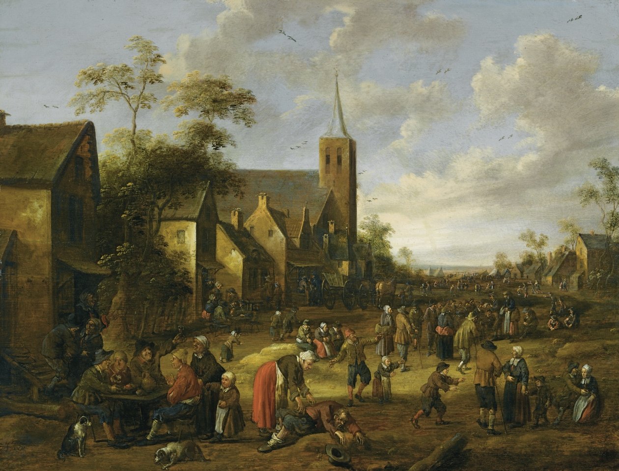 Uma aldeia movimentada com numerosas figuras, camponeses a comer e a beber a uma mesa em primeiro plano, uma torre de igreja mais além de Joost Cornelisz Droochsloot