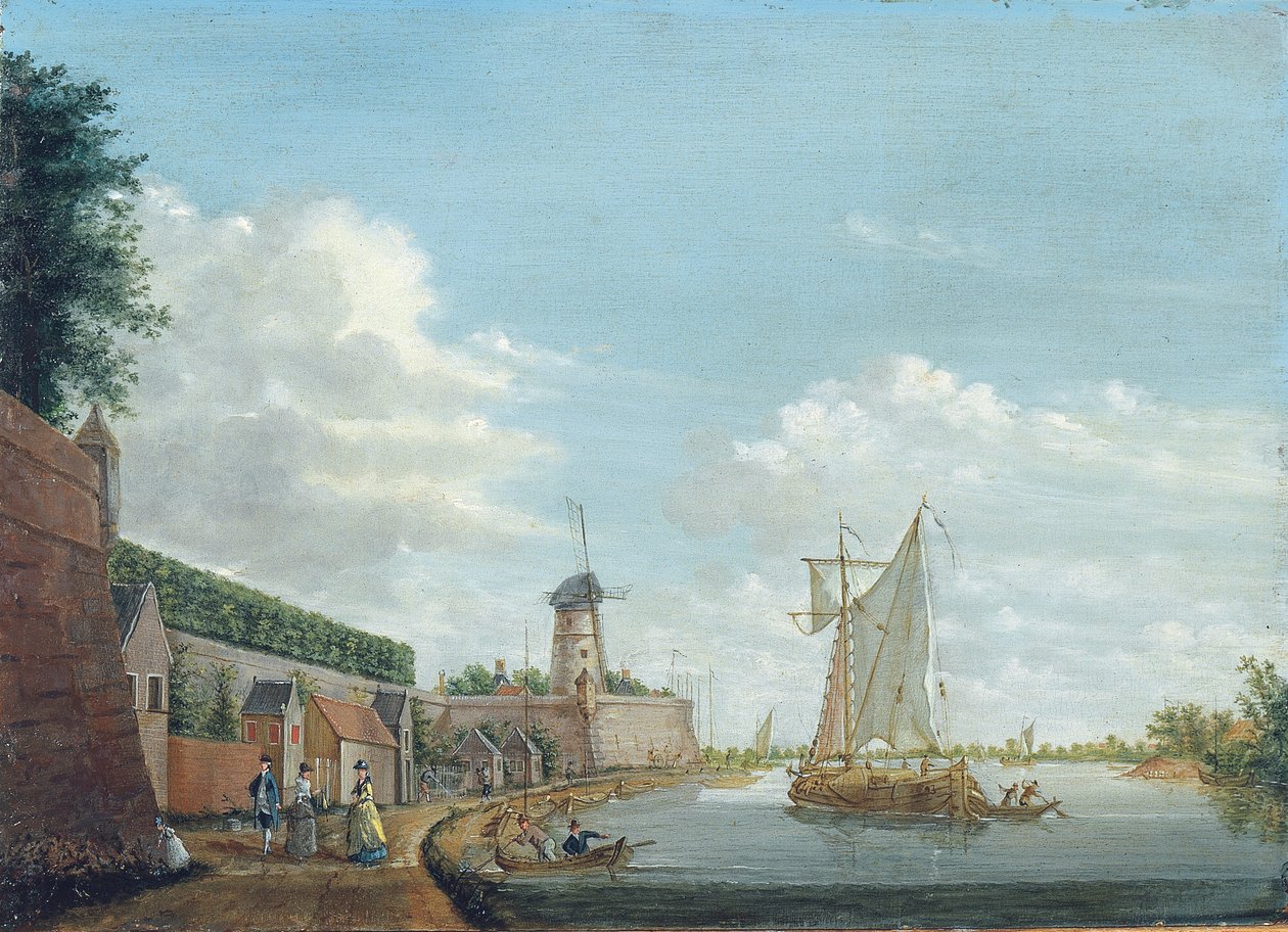 Uma paisagem fluvial com elegantes habitantes da cidade, passeando por uma muralha da cidade, c.1776 de Jordanus Hoorn