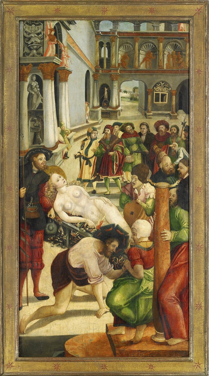 Sainte Agathe sur le bucher - A Queima. Asa do Altar de Santa Agatha - Greimold, Joerg (Jorg) (ca 1500- depois de 1540) - 1523 - Óleo sobre madeira - 109x57 - Stadtmuseum Weilheim de Jörg Greimold