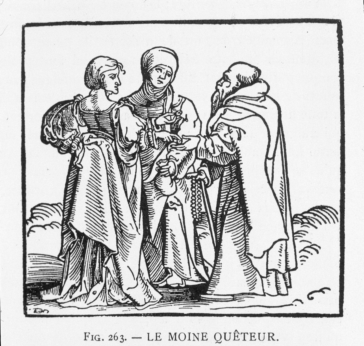 The Quetter Monk: gravura em madeira de Jrg Breu, formando o título de um livreto no espírito da Reforma publicado por volta de 1522 em Augsburg: "Conversa amigável entre um carme, da província da Áustria, e uma serva". de Jorg II Breu