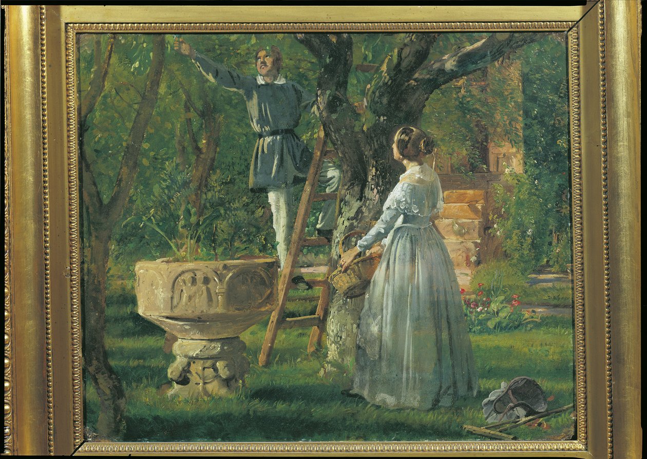 Jardim em Ringsted com uma antiga pia batismal, 1850 de Jorgan Roed