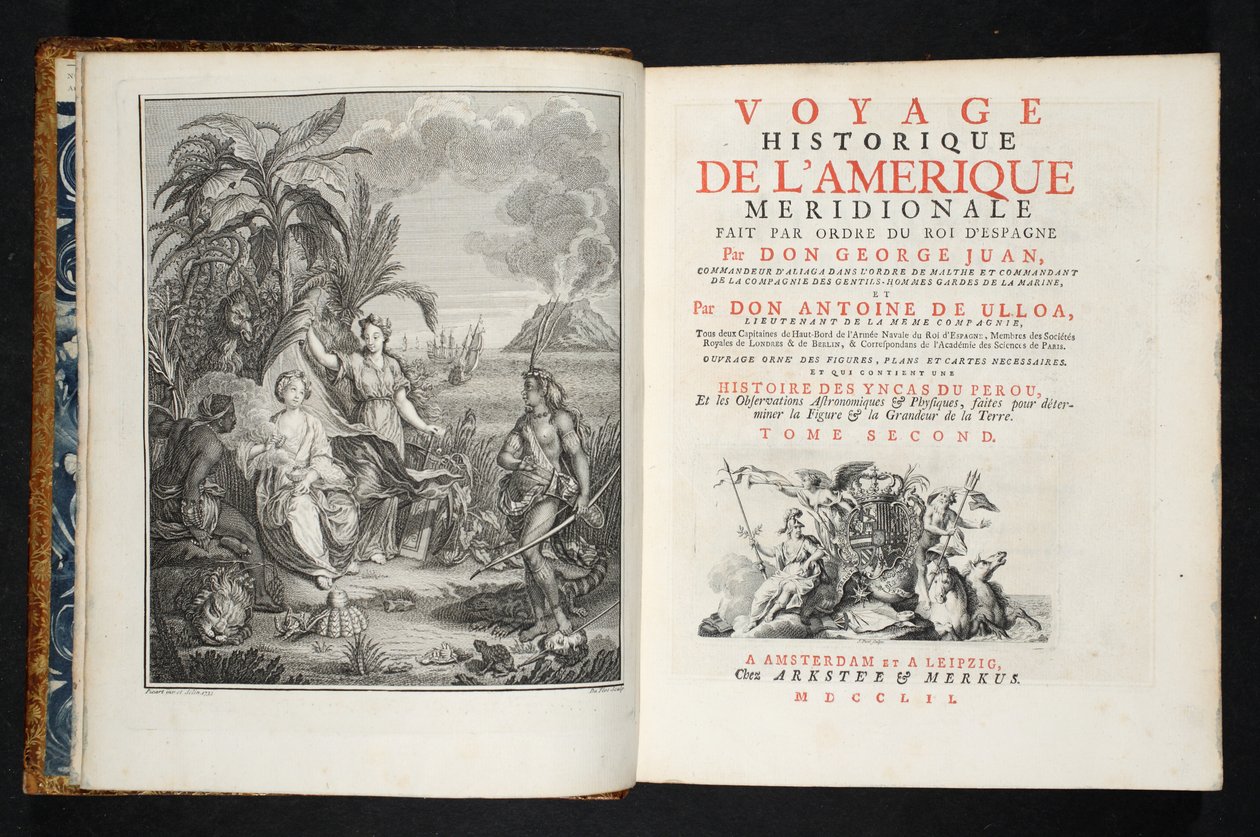 Frontispício da História das Viagens da América do Sul, pub. 1752 de Jorge and Ulloa, Antonio de Juan y Santacilia