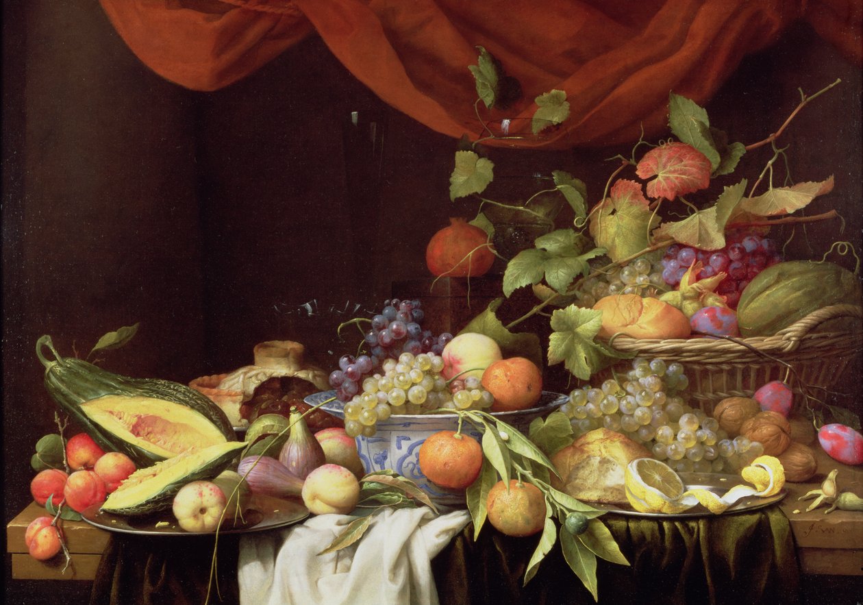 Uma vida ainda de frutas em uma borda drapeada de Joris van Son