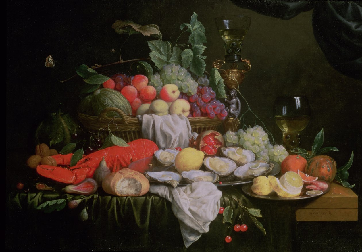 Ainda vida com limão, ostras, lagosta e frutas, 1658 de Joris van Son
