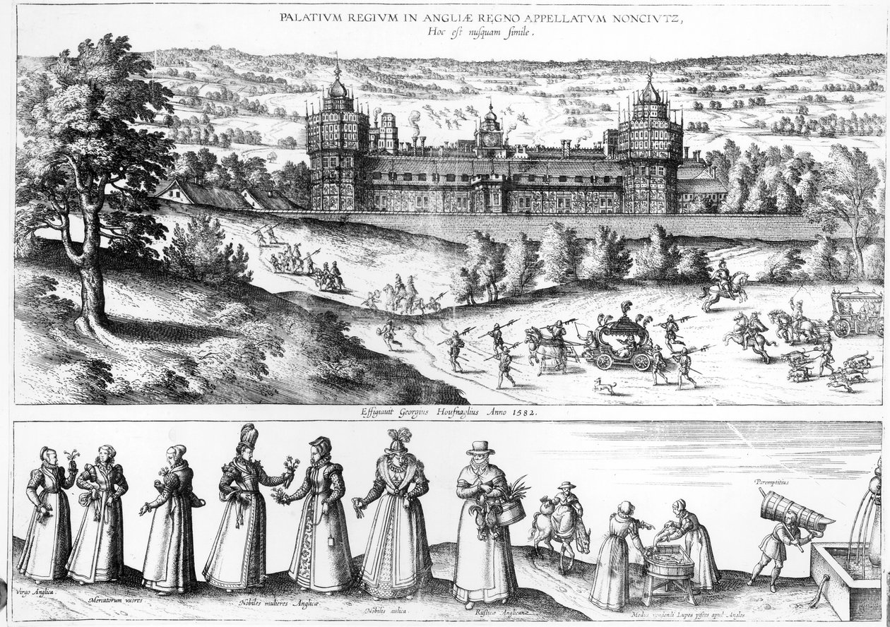 Chegada da rainha Elizabeth I no Palácio Nonesuch e homens e mulheres da sociedade Tudor, 1582 de Joris Hoefnagel
