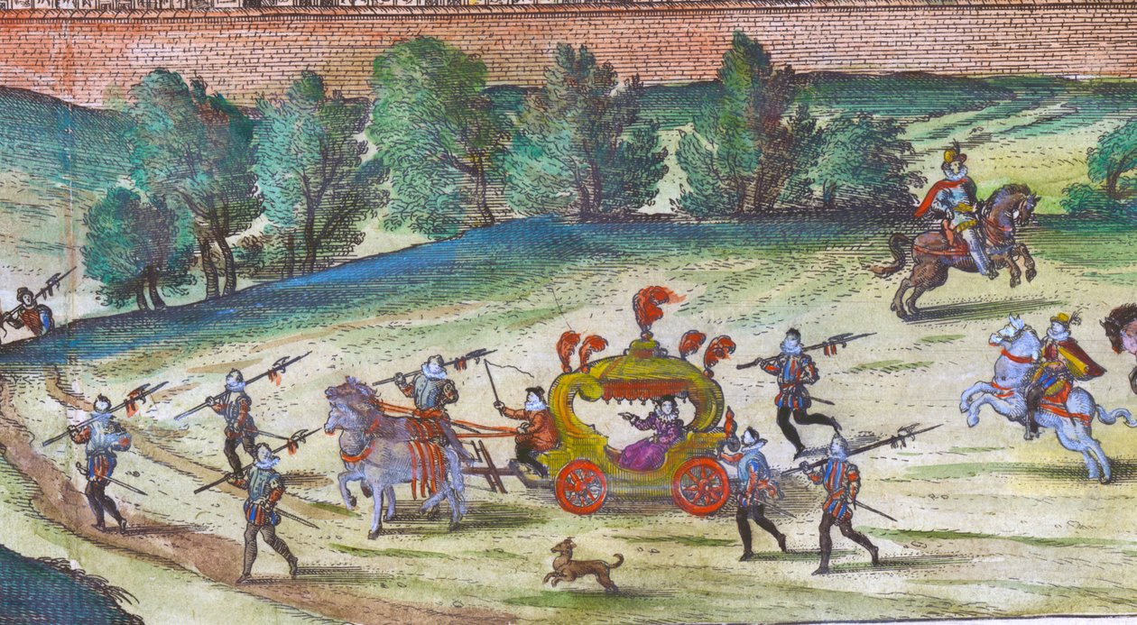 Chegada da rainha Elizabeth I no Palácio de Nonesuch com seus cortesãos, guardas e cães, detalhe de gravura de cobre colorido de mão de 1598 de 324184 de Joris Hoefnagel