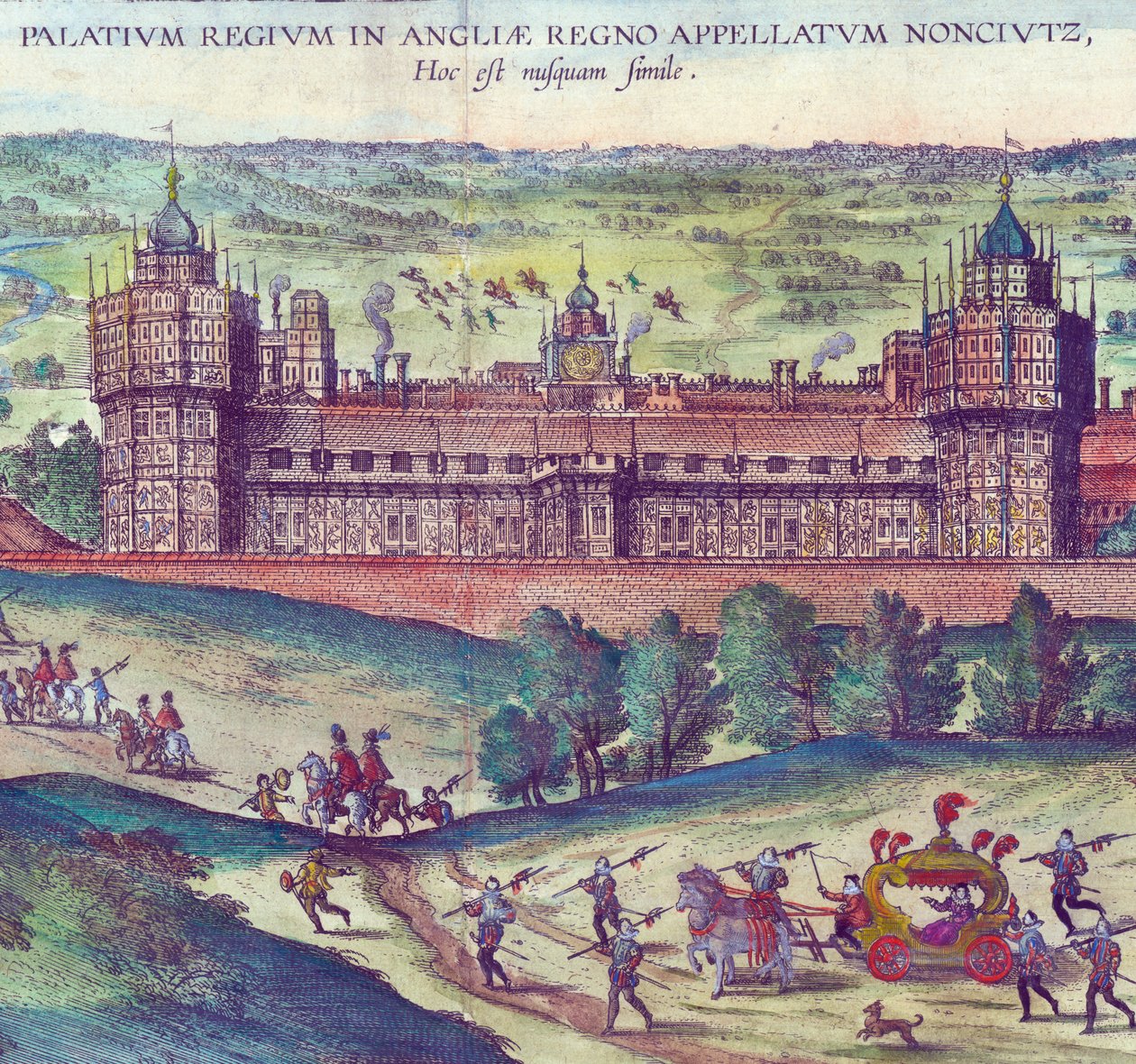 Chegada da rainha Elizabeth I em Nonsuch Palace, 1598 mão colorido detalhe de gravura em cobre de 324184 de Joris Hoefnagel