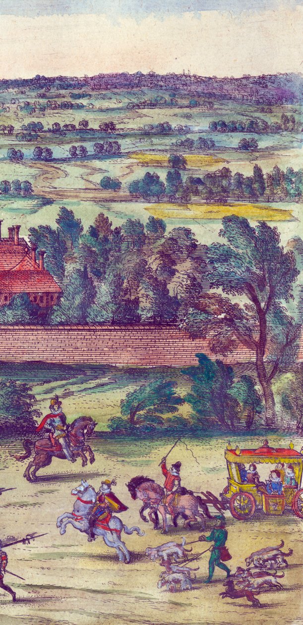 Cortesãos e cães de caça que acompanham a chegada da rainha Elizabeth I em Nonsuch Palace, 1598 mão colorido detalhe de gravura em cobre de 324184 de Joris Hoefnagel