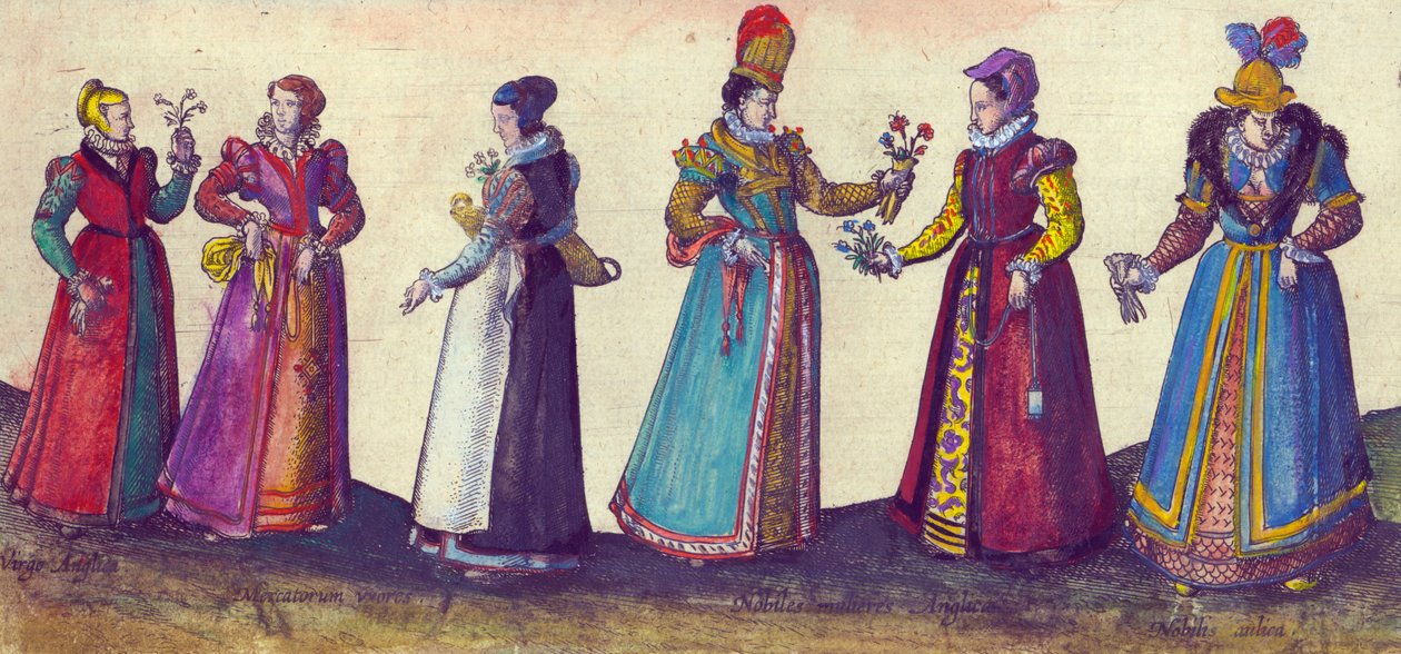 Mulheres inglesas da era elisabetana, 1598 (gravura de cobre colorida à mão) de Joris Hoefnagel