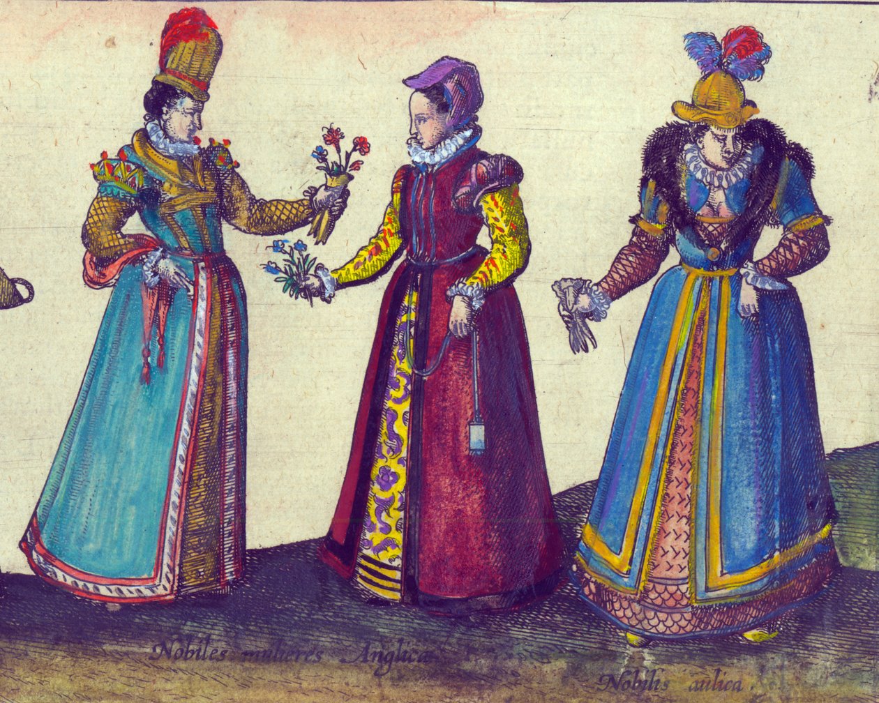 Mulheres inglesas da era elisabetana, 1598 mão colorido detalhe de gravura em cobre de 324184 de Joris Hoefnagel