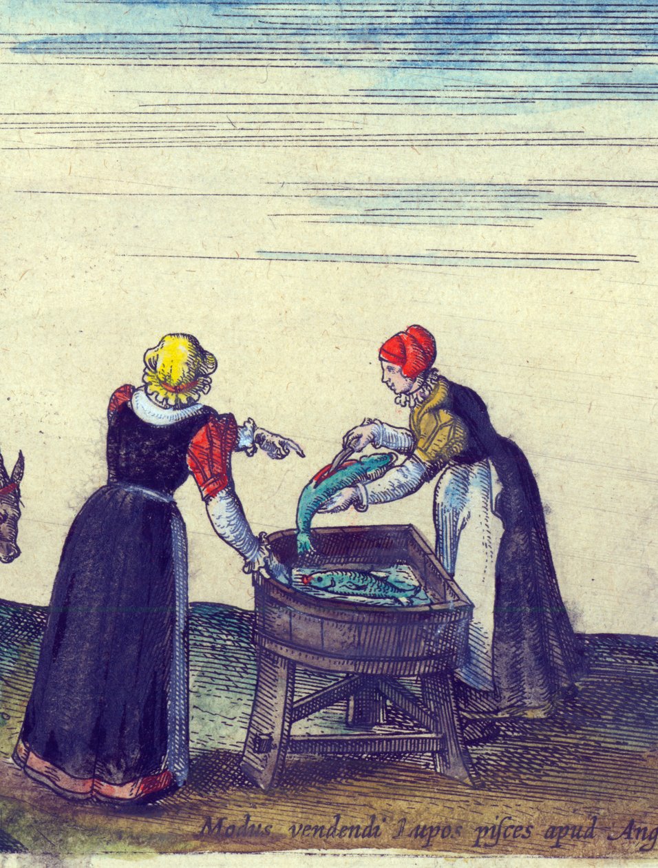 Fishwives vendendo e eviscerando pique, 1598 mão colorido detalhe de gravura de cobre de 324184 de Joris Hoefnagel
