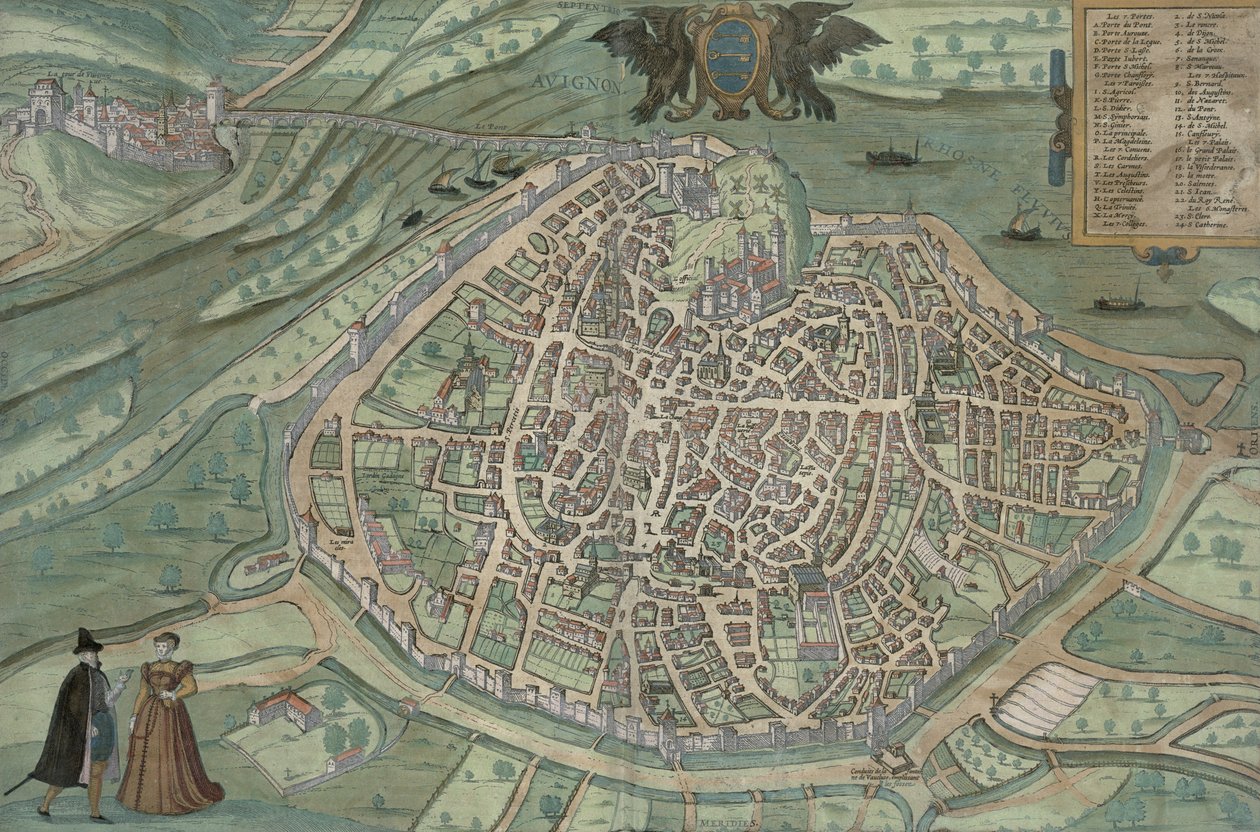 Mapa de Avignon, de &39;Civitates Orbis Terrarum&39; por Georg Braun (1541-1622) e Frans Hogenberg, c.1572 (gravura a cores) de Joris Hoefnagel