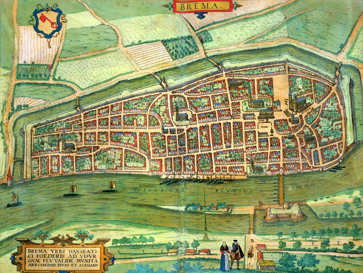 Mapa de Bremen, de &39;Mundo&39; pela Braun (1541-1622) e Franz Hogenbergh (1535-1590) c.1572-1617 de Joris Hoefnagel