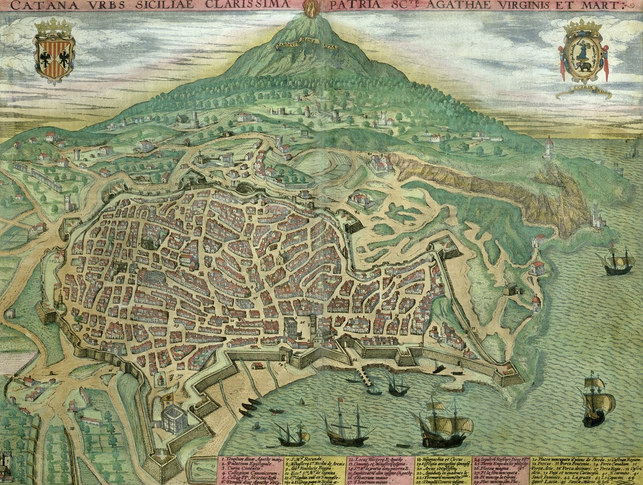 Mapa de Catania, a partir de &39;Mundo&39; pela Braun (1541-1622) e Franz Hogenbergh (1535-1590), c.1572 de Joris Hoefnagel
