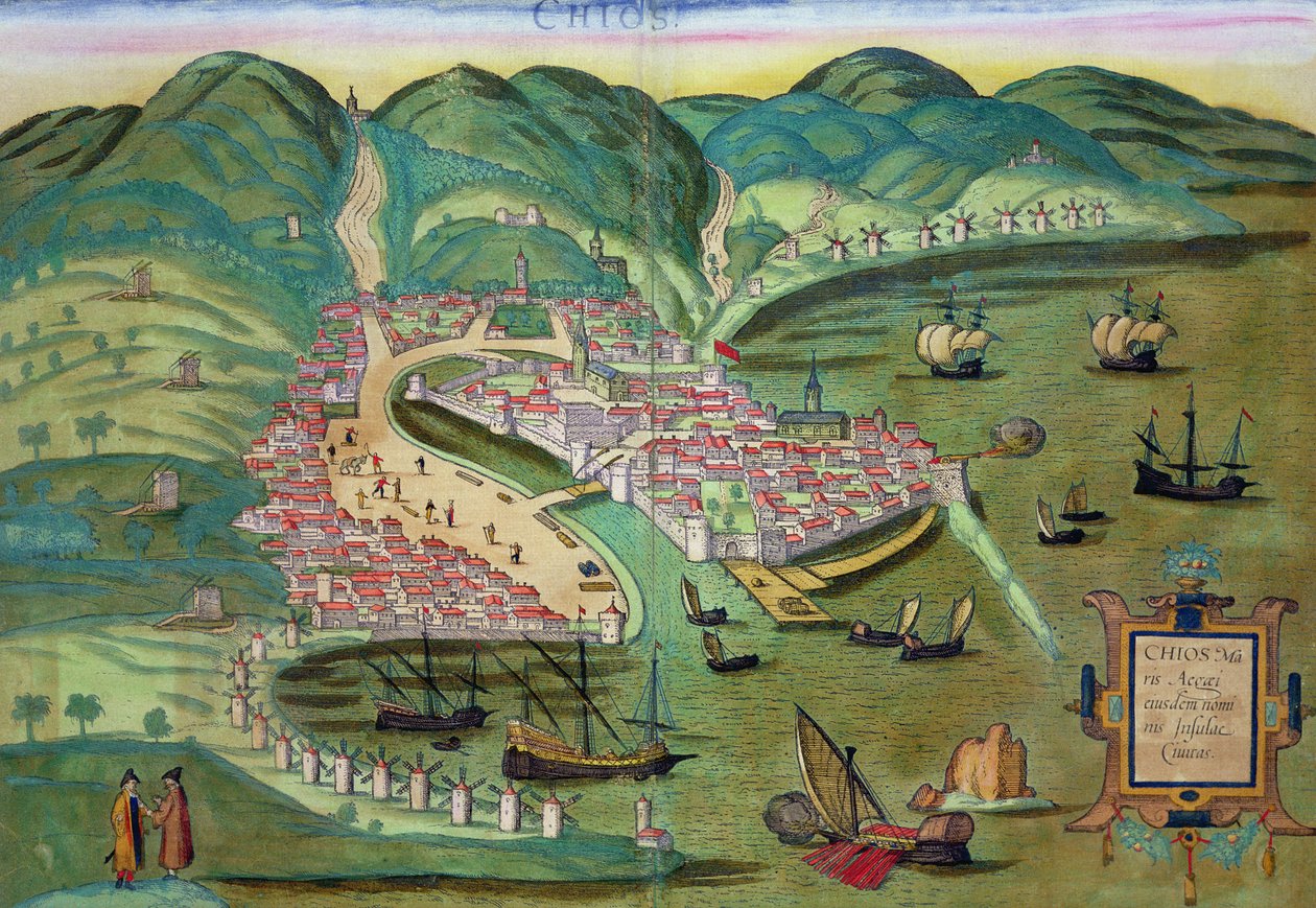 Mapa de Chios, de &39;Mundo&39; pela Braun (1541-1622) e Franz Hogenbergh (1535-1590) c.1572-1617 de Joris Hoefnagel