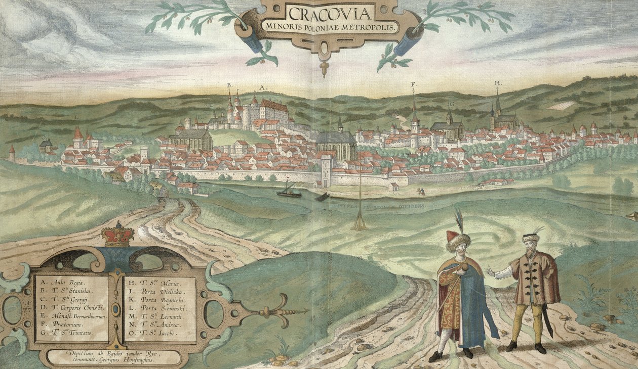 Mapa de Cracóvia, de "Civitates Orbis Terrarum" por Georg Braun (1541-1622) e Frans Hogenberg (1535-90), c.1572 de Joris Hoefnagel
