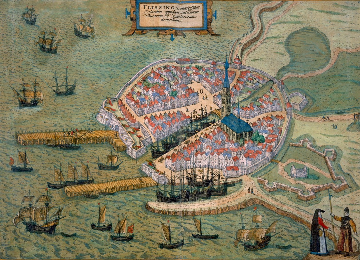 Um mapa de Flissinga, de &39;Mundo&39; pela Braun (1541-1622) e Franz Hogenbergh (1535-1590) c.1572-1617 de Joris Hoefnagel