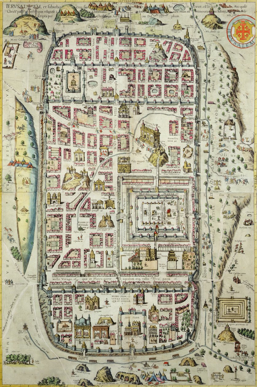 Mapa de Jerusalém e da área circundante, de &39;Civitates Orbis Terrarum&39; por Georg Braun (1541-1622) e Frans Hogenberg (1535-90) c.1572-1617 (ver 138905-96) de Joris Hoefnagel