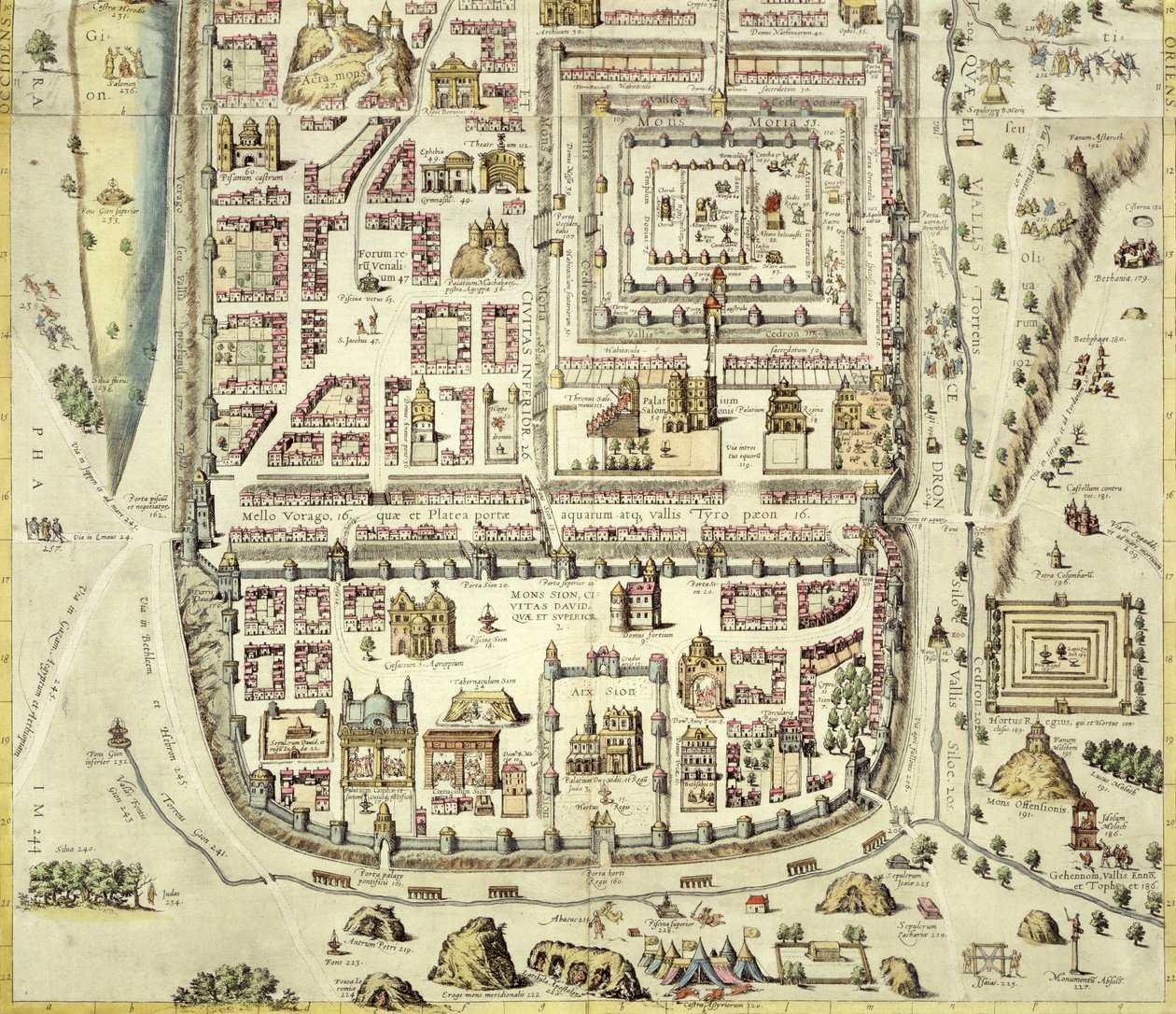 Mapa de Jerusalém e da área circundante, de &39;Civitates Orbis Terrarum&39; por Georg Braum (1541-1622) e Frans Hogenberg (1535-90) c.1572-1617 (ver 138905) de Joris Hoefnagel
