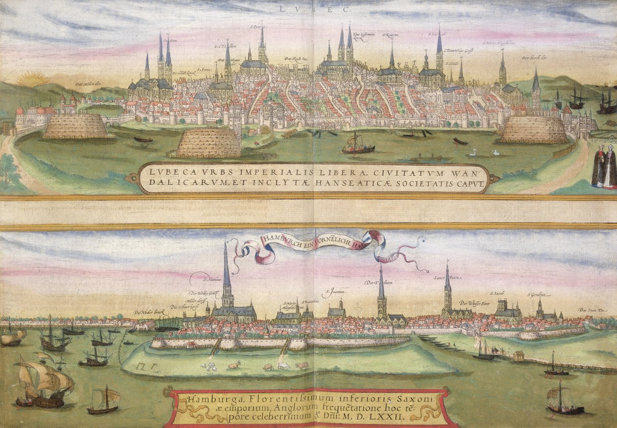 Mapa de Lubeck e Hamburgo, de &39;Civitates Orbis Terrarum&39; por Georg Braun (1541-1622) e Frans Hogenberg (1535-90), c.1572 (gravura colorida) de Joris Hoefnagel
